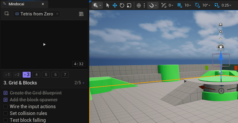 Panel Mindocai en modo curso: video, tira de secciones y checklist de pasos junto al viewport de Unreal
