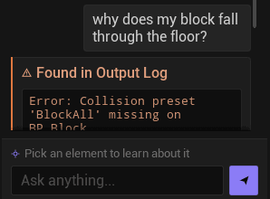 Tarjeta de error de Mindocai citando la línea del Output Log