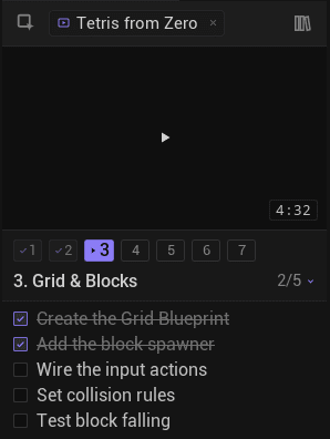Modo curso: video del creador, tira de secciones y checklist de pasos