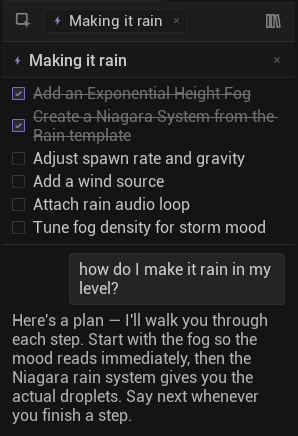 Plan «Making it rain» con checkboxes, el mensaje que lo creó y la respuesta de Mindocai